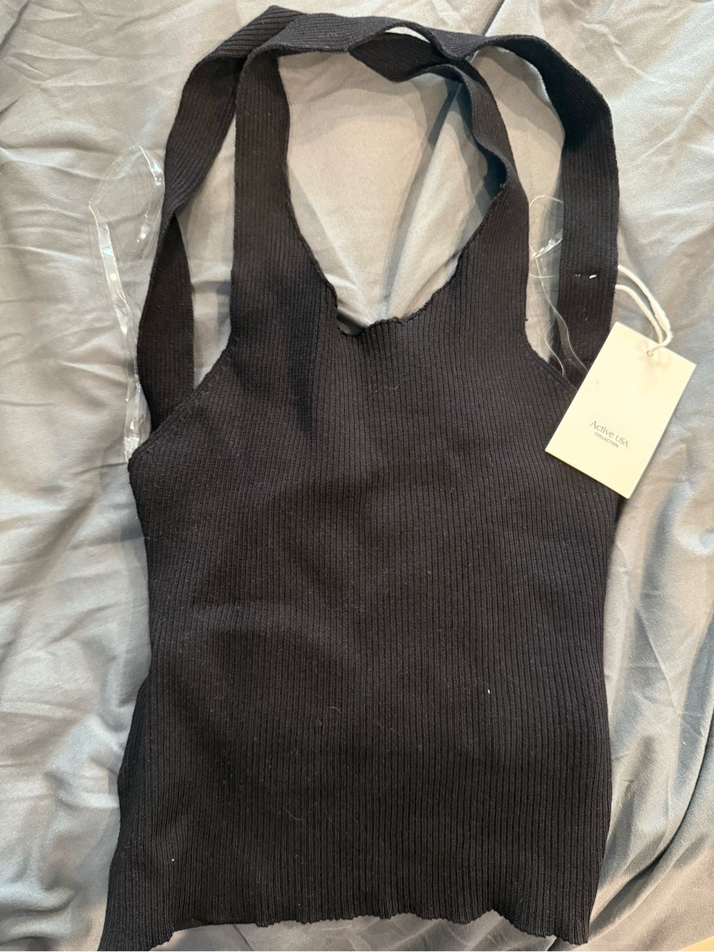 Active USA Collection Black Ribbed Knit Open Back Crop Tank Sweater
